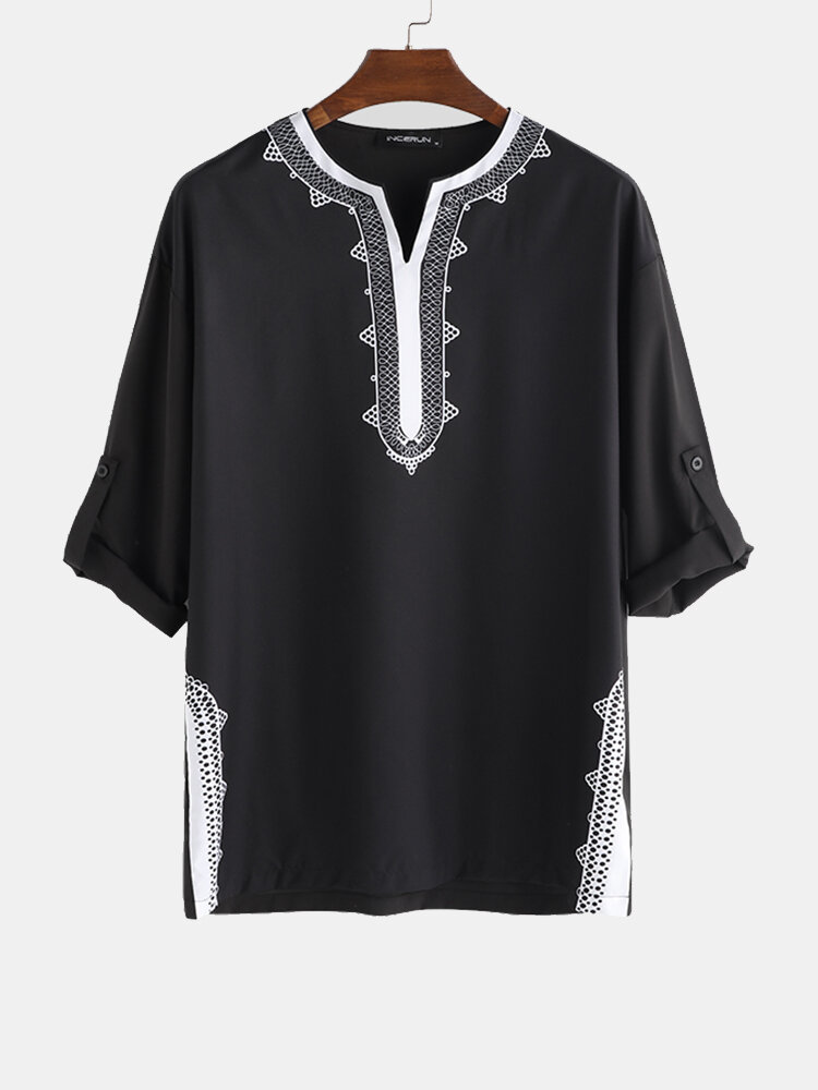 Mens Ethnic Style Stitching Print Cropped Half Sleeve Shirts