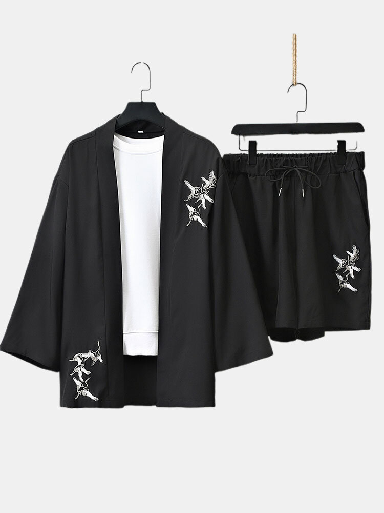 Mens Crane Embroidered Open Front Kimono Two Pieces Outfits