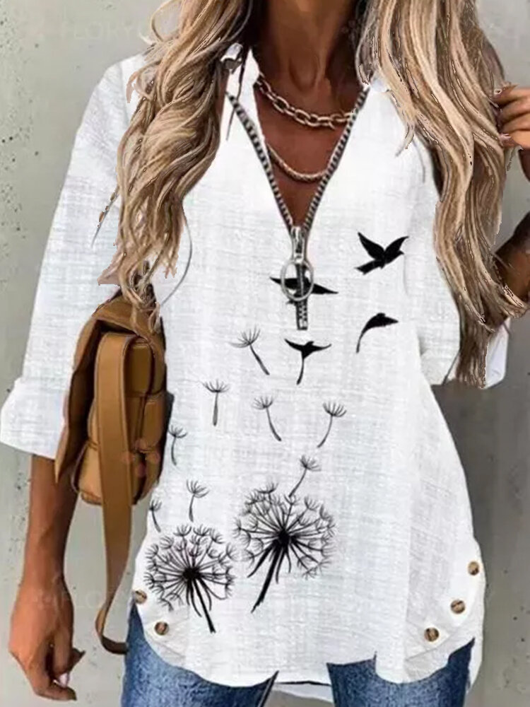 

Women Flower Birds Print Zip Front Long Sleeve Blouse, White