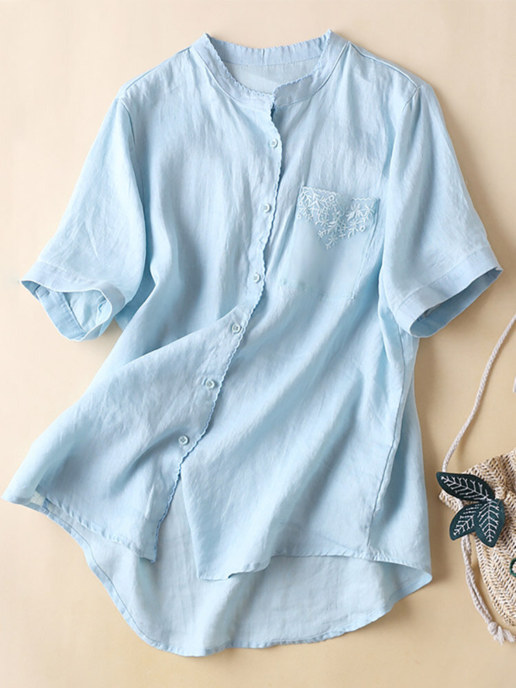 Lace Pocket Solid Button Crew Neck Short Sleeve Blouse