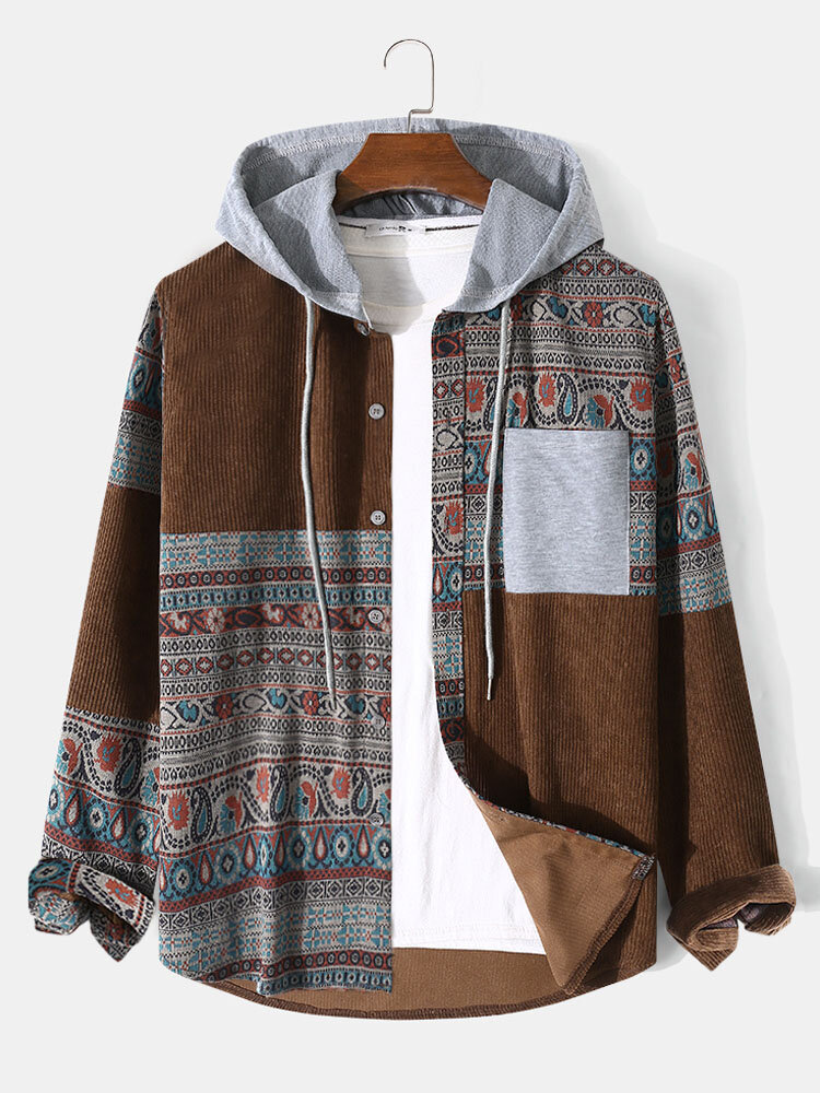 Mens Vintage Paisley Pattern Patchwork Corduroy Long Sleeve Hooded Shirts