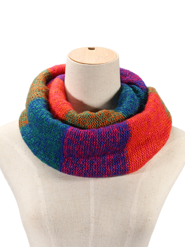 Winter Women Rainbow Colors Thicken Knitted Ring Collar Scarf Casual Soft Neck Warmer Scarves