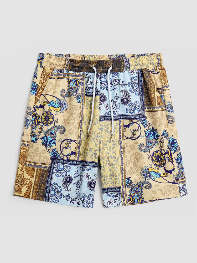 Men Paisley Pattern Stitching Vintage Style Multi Pockets Water Resistant Drawstring Board Shorts