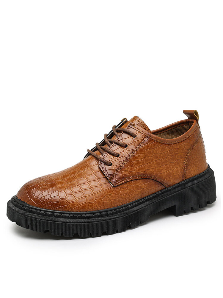 Men British Style Lace Up Stone Texture Pattern Platform Flat Shoes