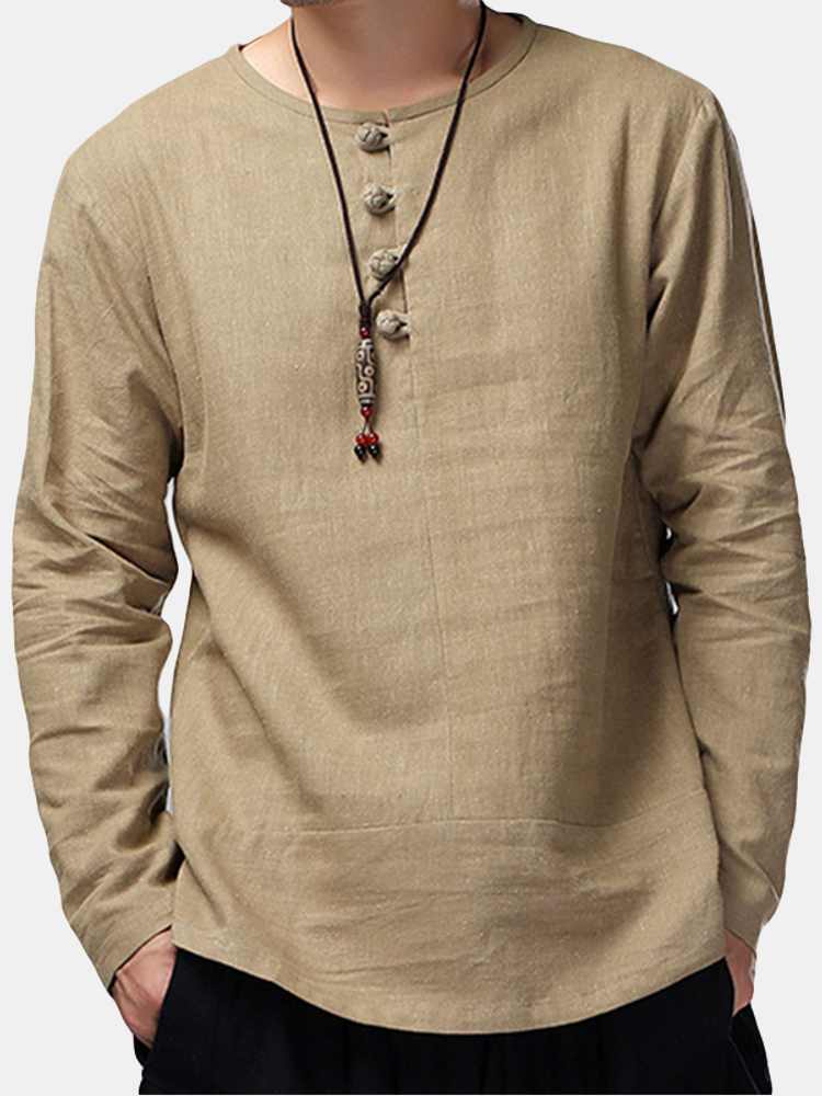 Mens Cotton Vintage Solid Loose Long Sleeve Henley Shirts