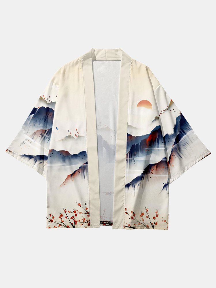 

Mens Mountain Wash Painting Front Open All Matched Kimonos, Apricot