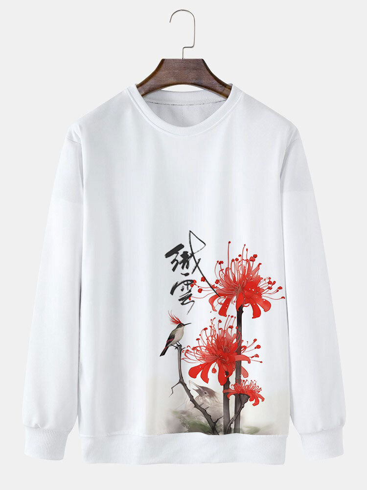 Mens Chinese Floral & Bird Print Crew Neck Pullover Sweatshirts Winter
