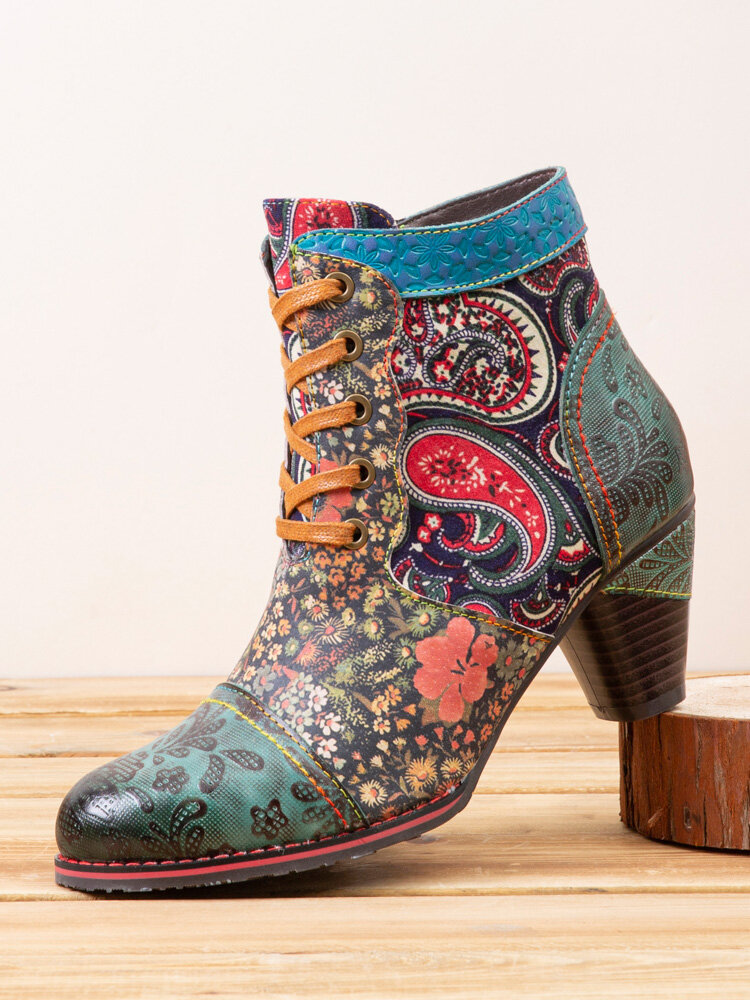 Socofy Retro Paisley Pattern Leather Patchwork Lace-up Design Side Zipper Comfy Low Heel Short Ankle Boots