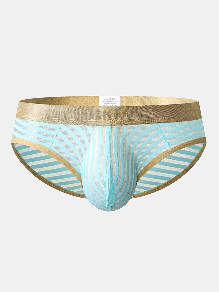 See Throught Stripe Briefs Gold Belt Sexy Pouch Underwear for Men