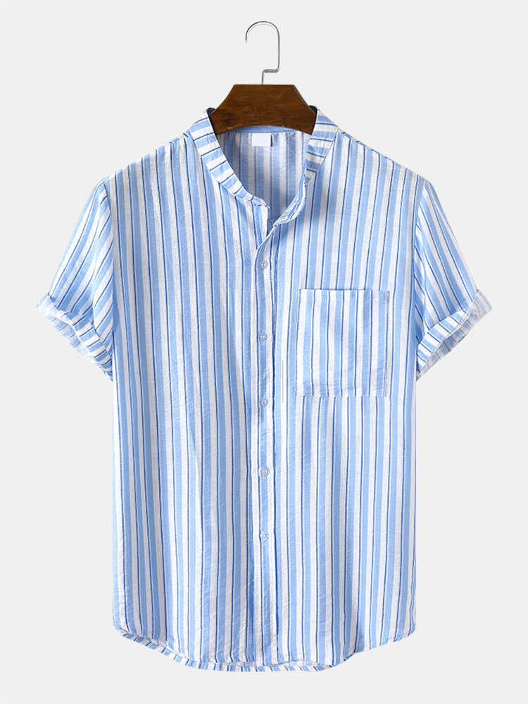 Mens Striped Stand Collar Button Up Daily Short Sleeve Shirts