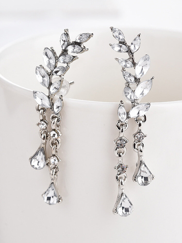 Elegant Leaf Rhinestone Cuff Earrings Silver Gold Color Piercing Tassel Earrings for Women