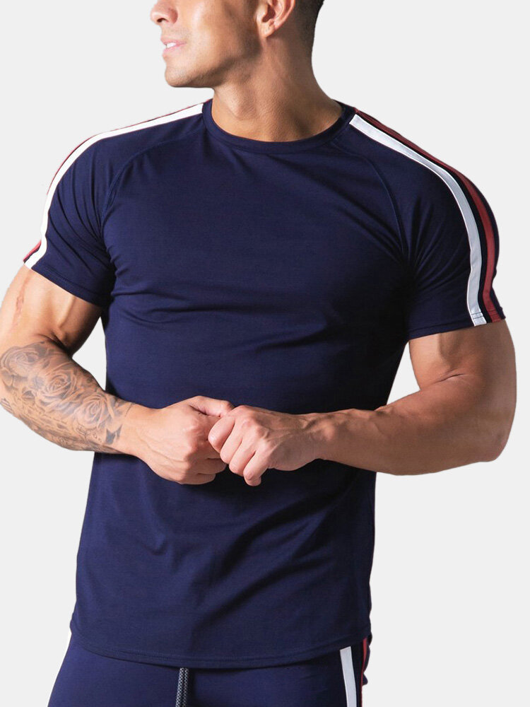 Mens Cotton 2 Stripe Ribbon Sports Style Short Sleeve T-Shirts