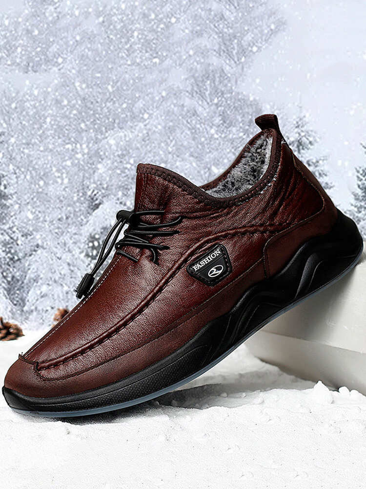 Men Plush Lining Warm Elastic Lace Non Slip Casual Leather Shoes