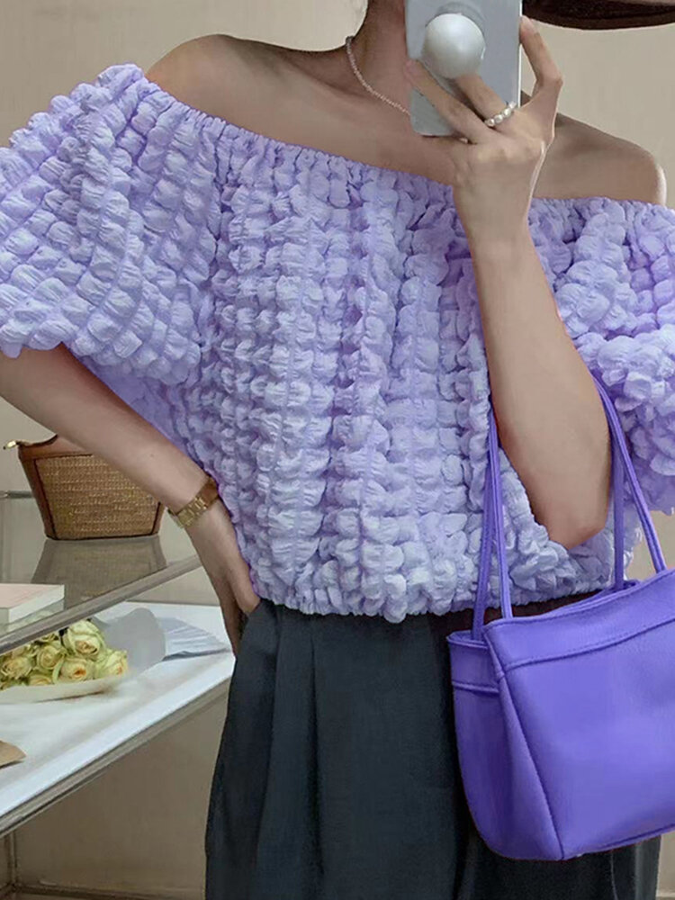 Текстурированная однотонная блуза с объемными рукавами и открытыми плечами Женское