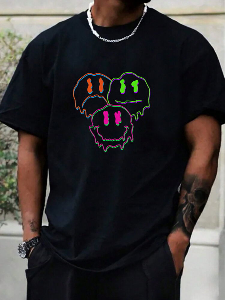 T-shirt a maniche corte da uomo Colorful Drip Smile Face Print Crew Collo