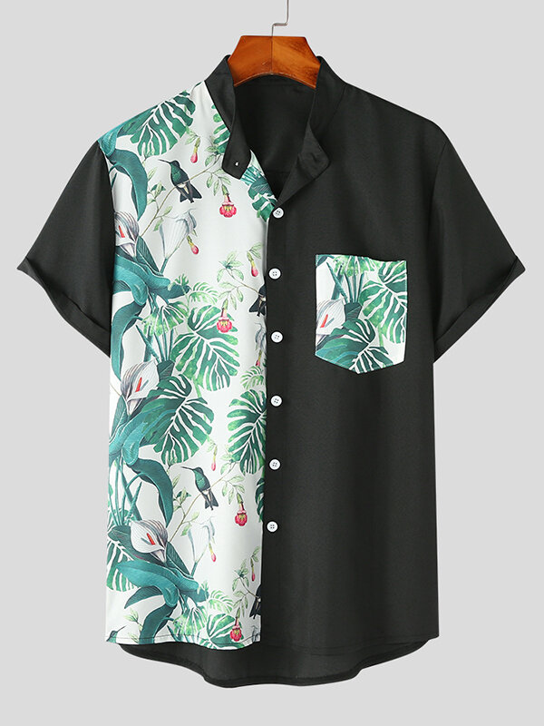 Mens Tropical Plant Print Patchwork Stand Collar Shirt