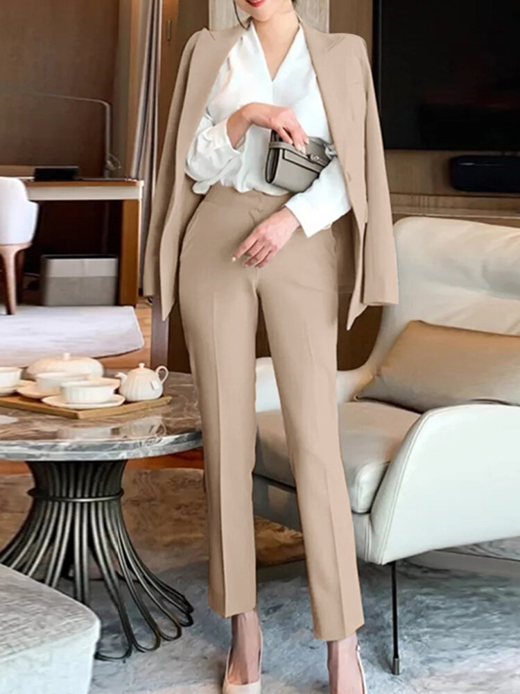 Solid Long Sleeve Lapel Two Pieces Suit For Women