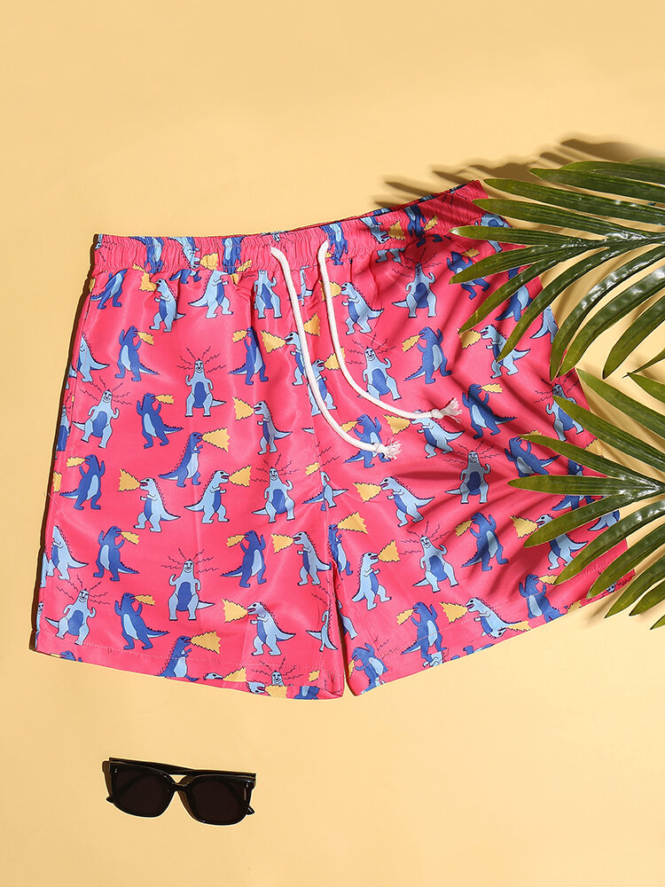 Cute Dinosaur Pattern Beachwear Board Shorts Surfing Multi Pockets Holiday Swim Shorts for Men