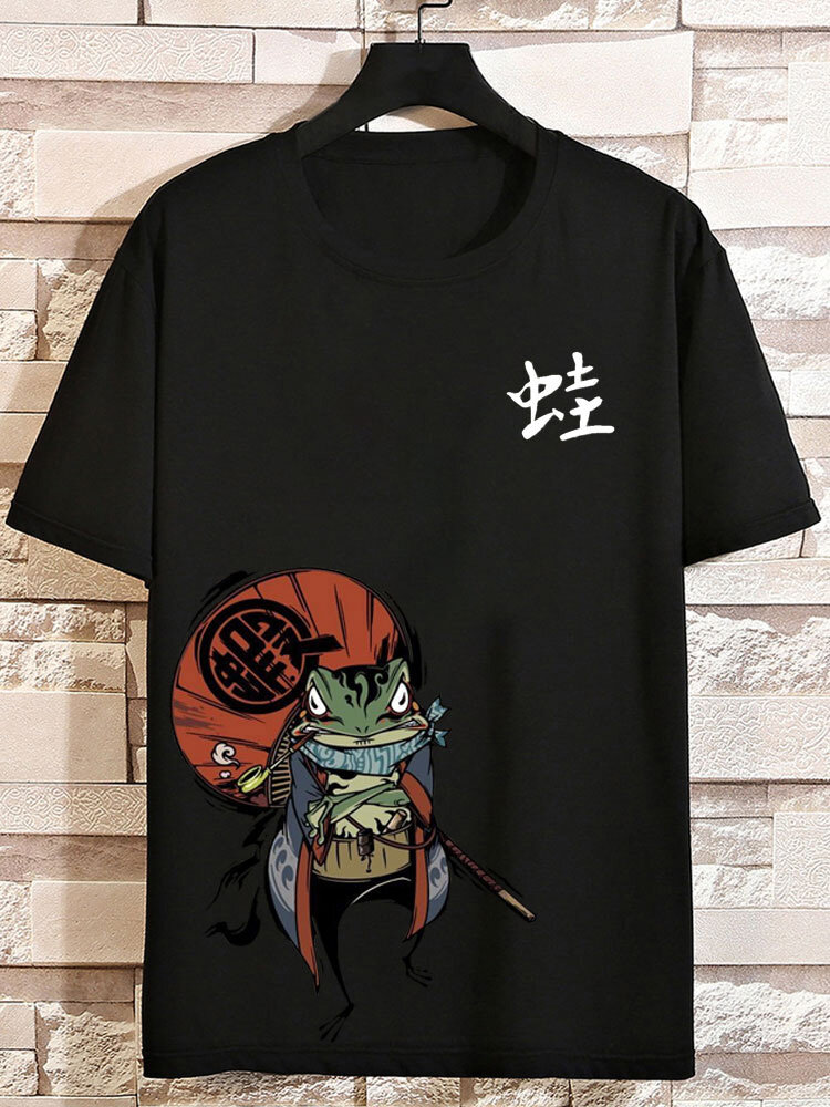 

Mens Japanese Frog Print Crew Neck Short Sleeve T-Shirts Winter, Black