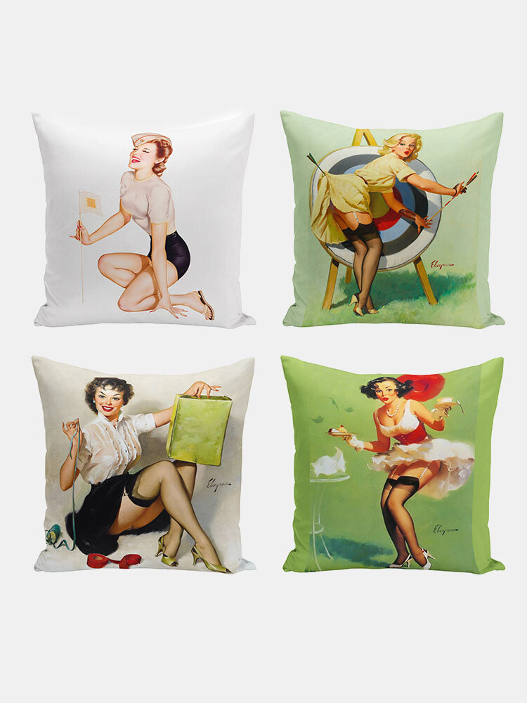 4 Pcs Retro Poster Girl Pillowcase Super Soft Plush Throw Pillow Cover Cushion Cover Homeware