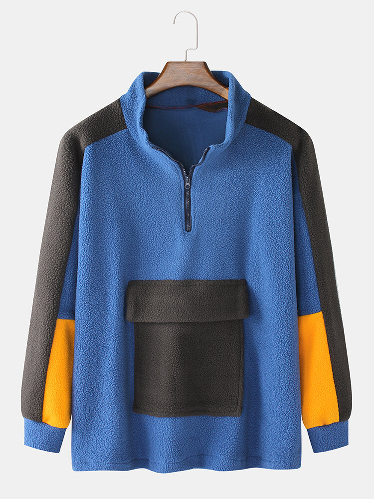 

Mens Patchwork Raglan Sleeve Front Flap Pocket Thick Fleece Half Zipper Sweatshirt, Gray;blue