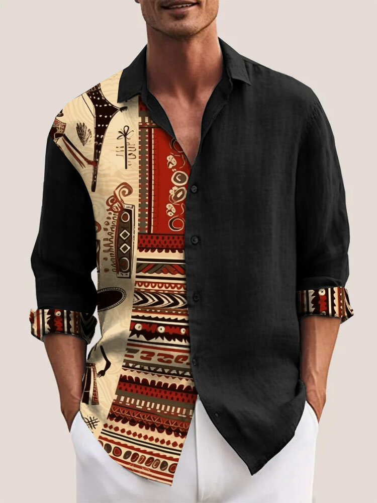 Mens Ethnic Figure Geometric Pattern Patchwork Long Sleeve Shirts