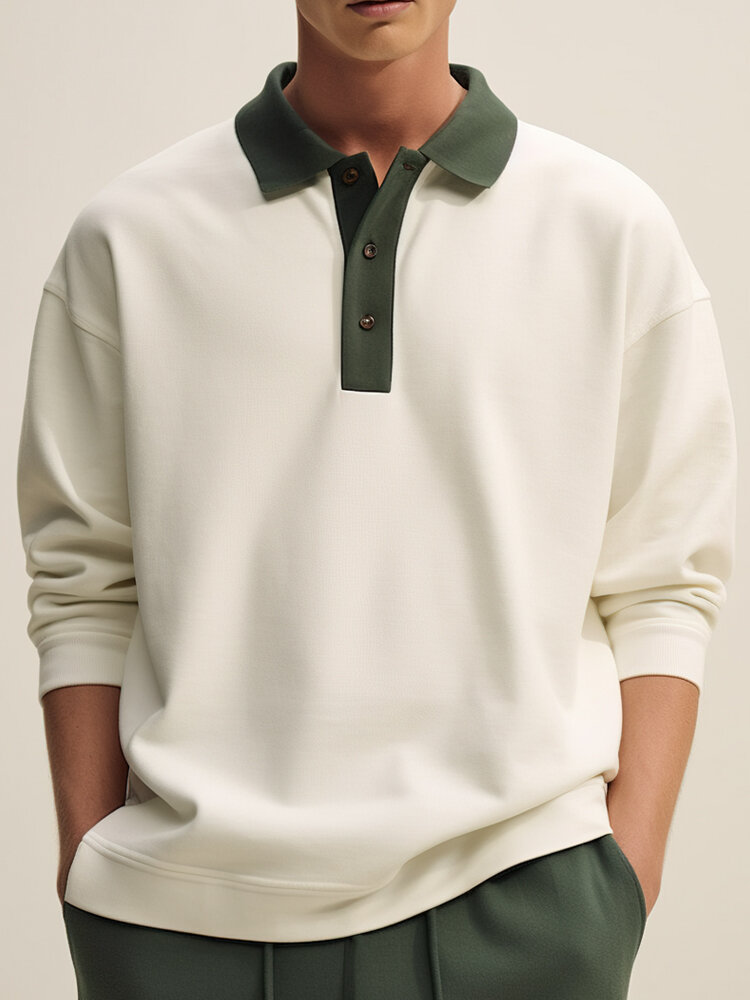 Camicie da golf larghe casual a maniche lunghe con colletto a contrasto da uomo