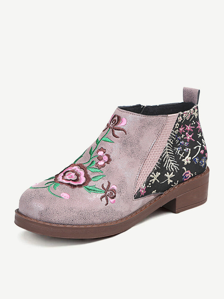 

Women Stylish Flowers Embroidered Round Toe Zipper Flat Ankle Booties, Black;pink
