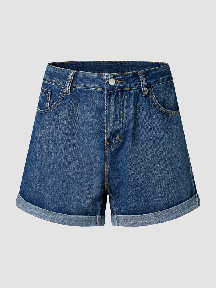 Solid Zip Front Button Pocket Denim Shorts For Women