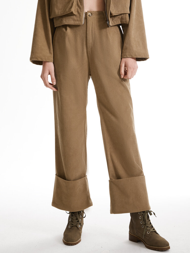 Corduroy Solid Zip Front Button Pants For Women