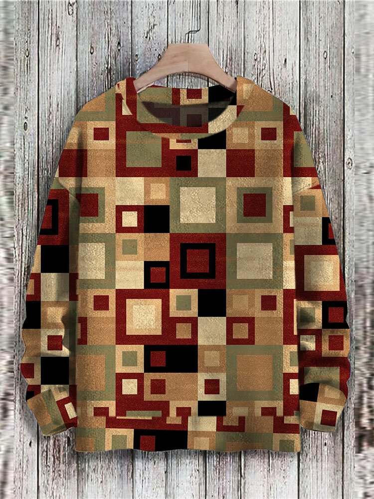 Mens Vintage Geometric Print Crew Neck Casual Pullover Sweatshirts Winter