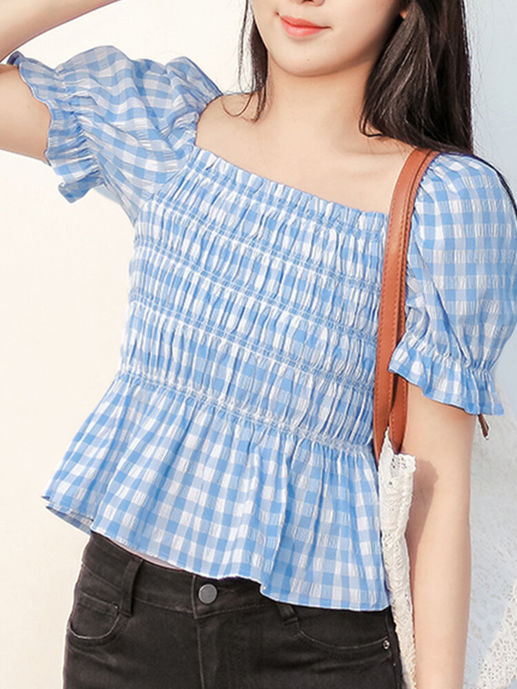 Check Print Tie Back Square Collar Puff Sleeve Blouse
