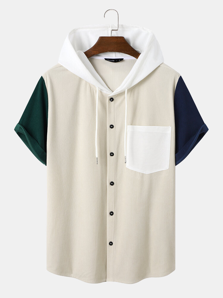 Mens Corduroy Patchwork Button Up Short Sleeve Hooded Shirts