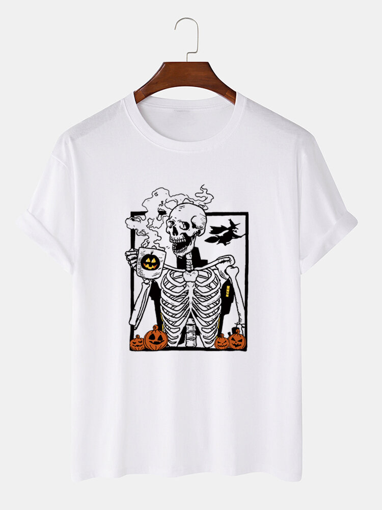 Mens Halloween Skeleton Pumpkin Print Cotton Short Sleeve T-Shirts