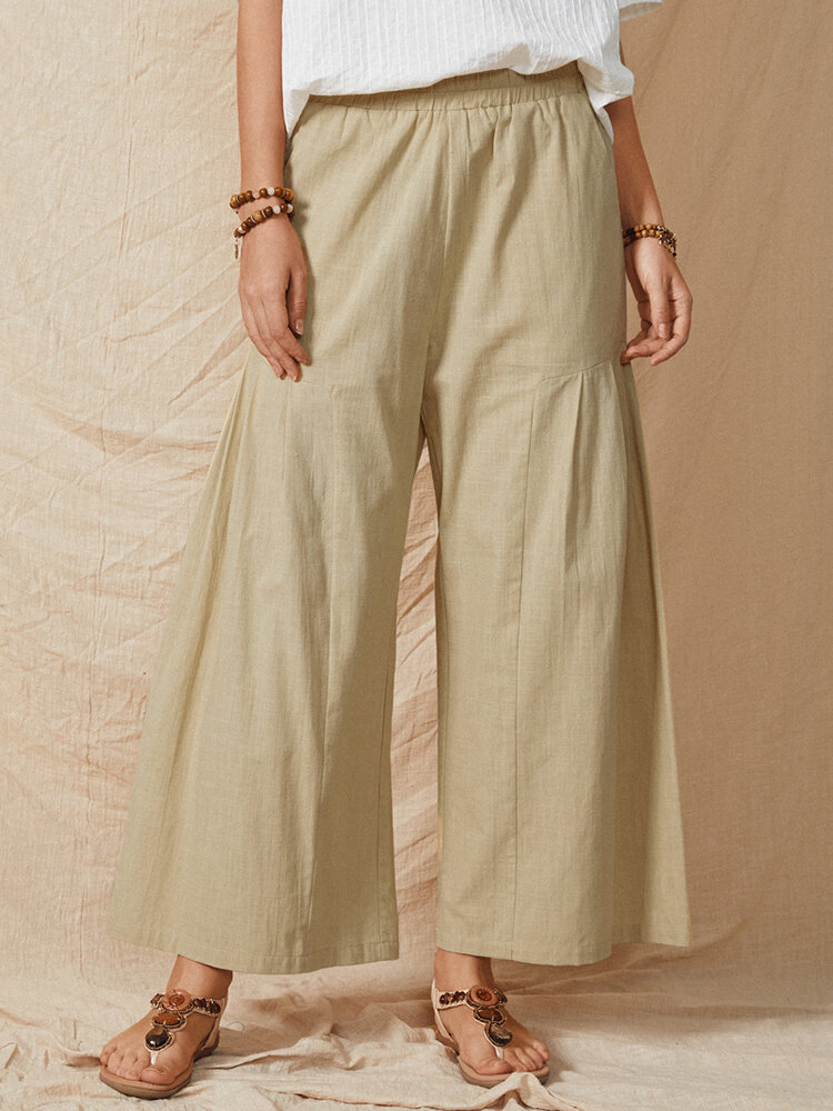 Solid Color Pocket Elastic Waist Casual Cotton Flare Leg Women Pants
