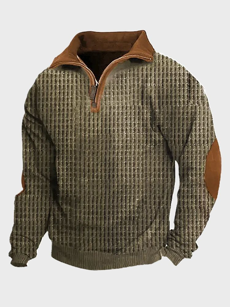 

Mens Contrast Patchwork Half Zip Waffle Knit Pullover Sweatshirts Winter, Khaki