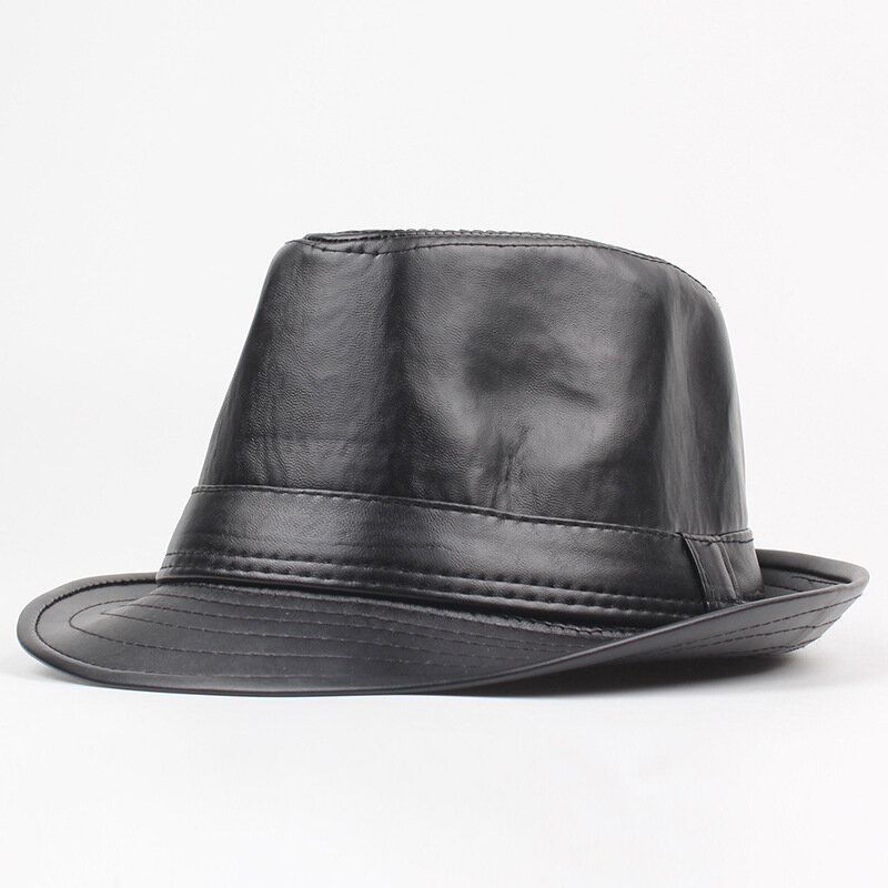 

Men Winter Vintage PU Leather Thin Jazz Cap Curved Brim Jazz Cap British Style Warm Fedora Hat, Black