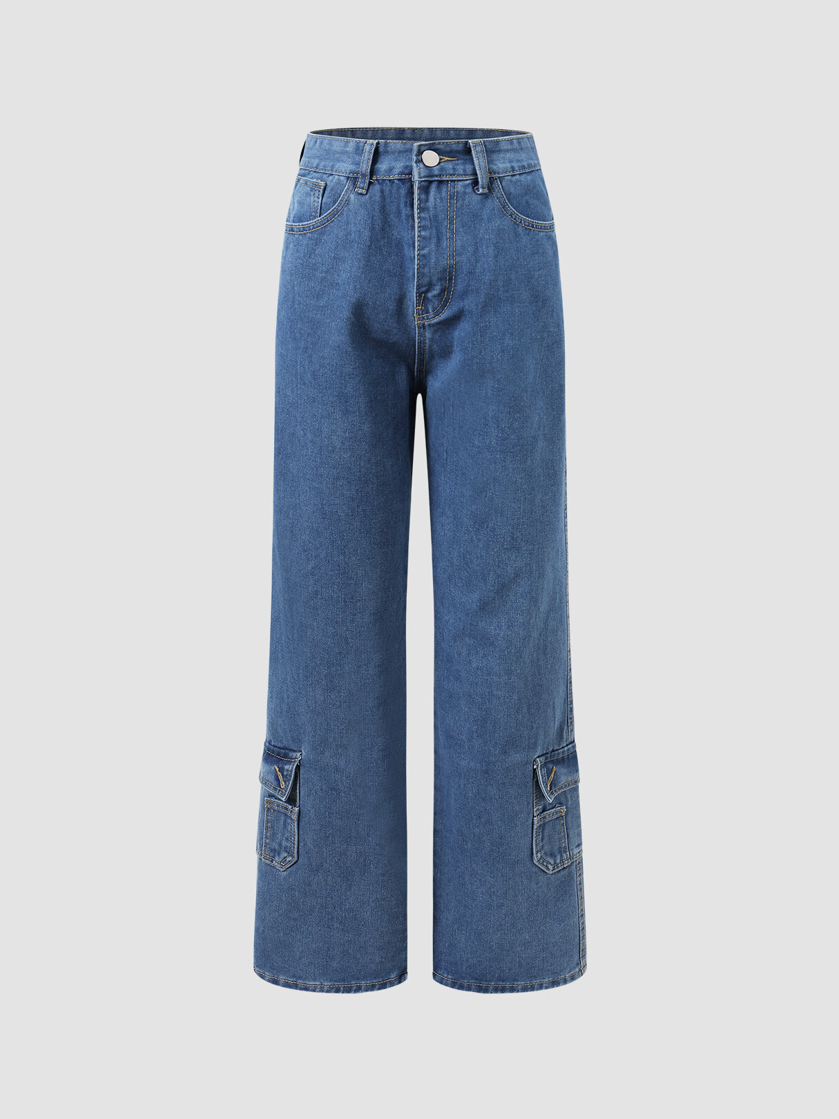Solid Pocket Zip Front Button Straight Leg Denim Jeans