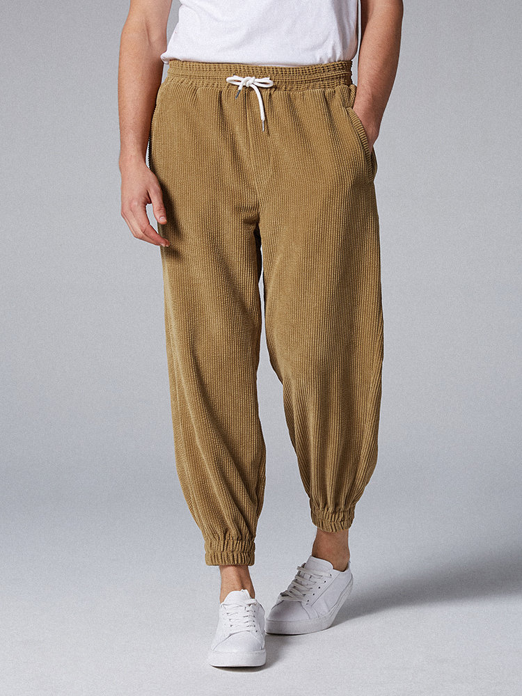Mens Plain Corduroy Solid Color Ankle Banded Drawstring Side Pocket Pants