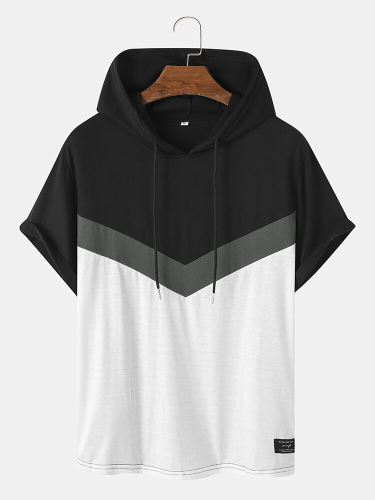 Mens Chevron Color Block Patchwork Short Sleeve Casual Hooded T-Shirts