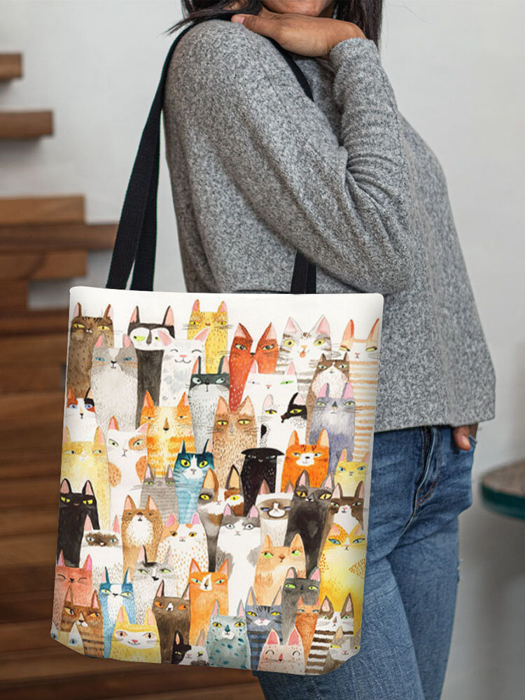 Women Cotton Linen Cat Print Handbag Tote