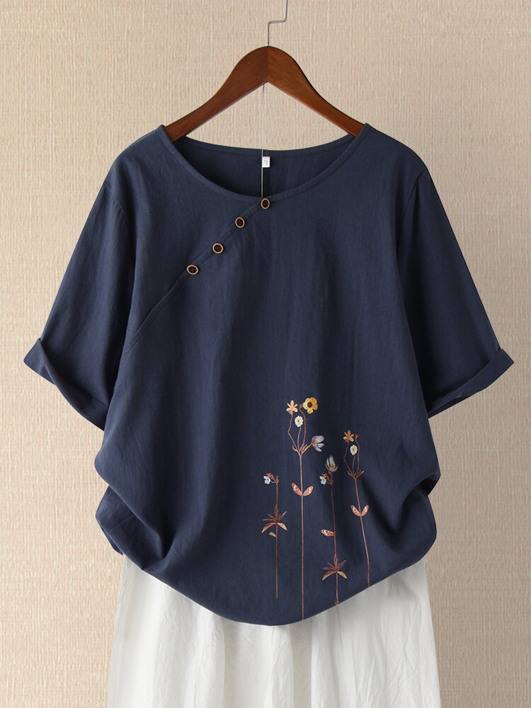 Irregular Button Flowers Print Plus Size Casual T-shirt