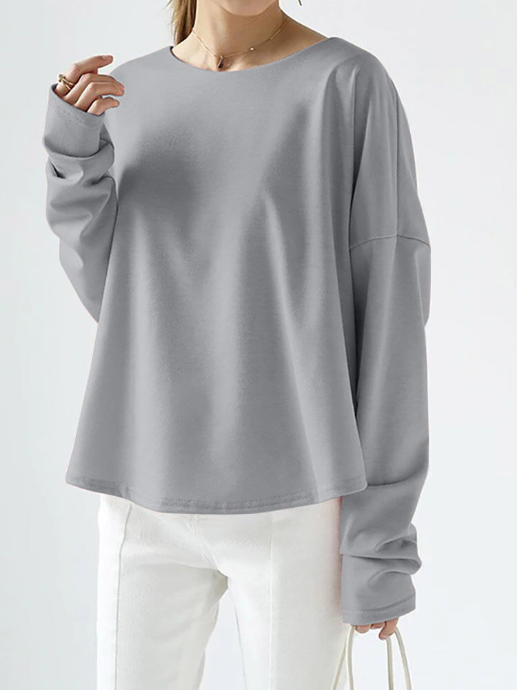 Solid Pleated Back Drop Shoulder Long Sleeve Pullover Sweatshirt