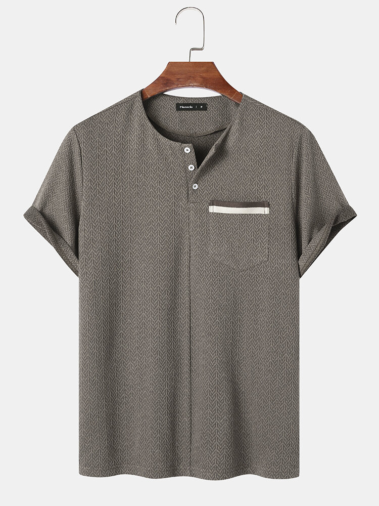 Mens Chevron Texture Half Button Collarless Short Sleeve T-Shirts