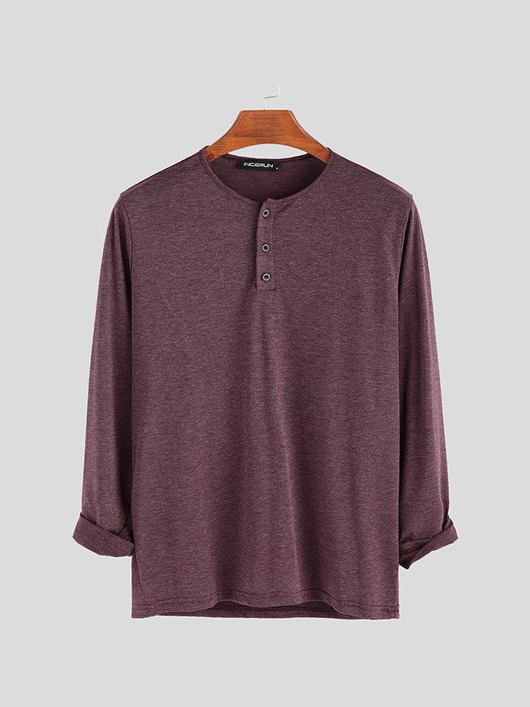 Mens Brief Style Solid Color Breathable Casual Long Sleeve Henley Shirts