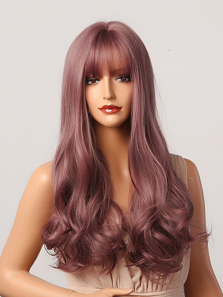 Purple Potato Red Mixed Color Long Water Ripples Curly Hair With Air Bangs Fashion Synthetic Wig For Daily Use And Masquerade