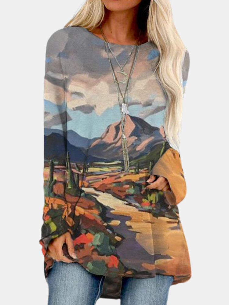 Landscape Print Art Painting Long Sleeve Women T-Shirt