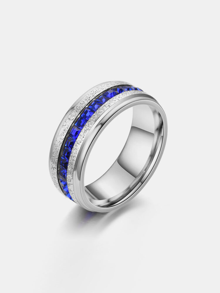 Trendy Simple Inlaid Single Row Square Blue Rhinestones Color Contrast Circle-shaped Stainless Steel Ring