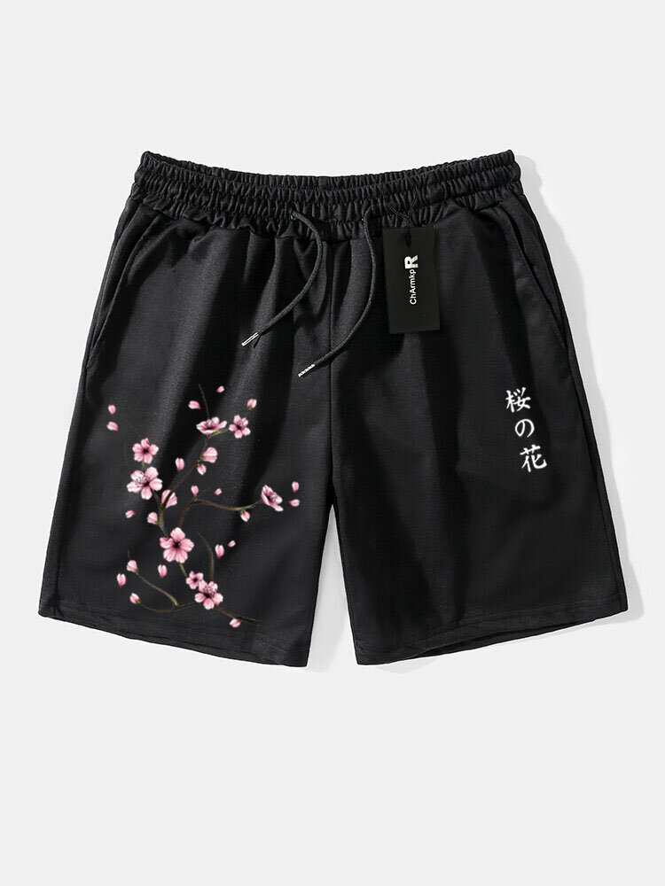ChArmKpr Mens Cherry Blossoms Japanese Print Street Drawstring Shorts With Pocket