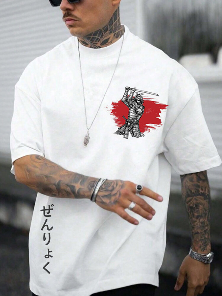 

Mens Japanese Warrior Print Crew Neck Short Sleeve T-Shirts, White